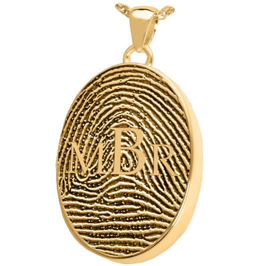 Monogram over Fingerprint Oval Solid 14k Gold Memorial Cremation Pendant Necklace