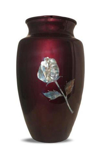 Mother Of Pearl Rose On Burgundy Cremation Urn
