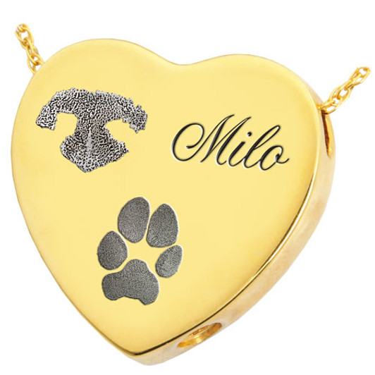 Noseprint Pawprint and Name Heart Slider Solid 14k Gold Memorial Pet Cremation Jewelry Pendant Necklace