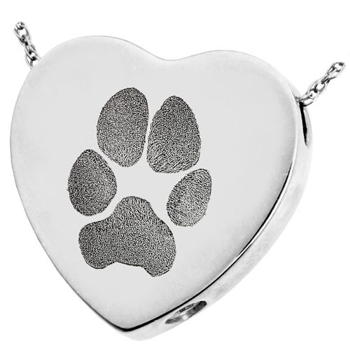 Paw Print Heart Sterling Silver Pet Cremation Jewelry Pendant Necklace