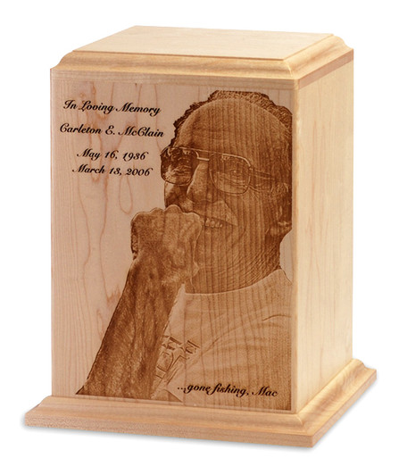 Photo Etched Traditional Solid Maple Wood Cremation Urn - Engravable