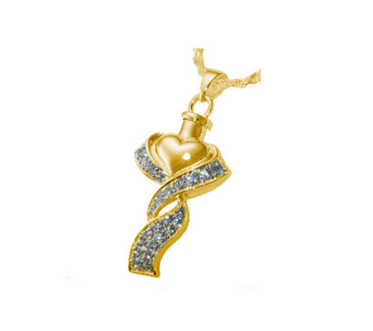 Ribboned Heart Cremation Jewelry in 14k Gold Plated Sterling Silver