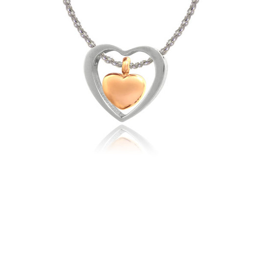 Rose Gold Heart in Silver Heart Stainless Steel Cremation Jewelry Pendant Necklace