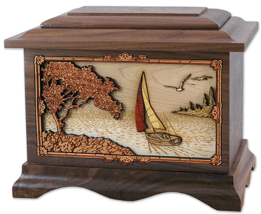 Soft Breezes Sailboat with 3D Inlay Walnut Wood Cremation Urn