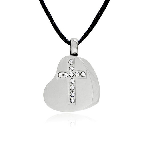 Studded Cross in Heart Stainless Steel Cremation Jewelry Pendant Necklace