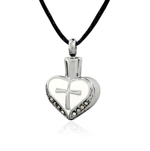 Studded Heart with Cross and White Background Stainless Steel Cremation Jewelry Pendant Necklace