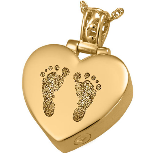 Two Footprints Heart with Filigree Bail Solid 14k Gold Memorial Cremation Pendant Necklace