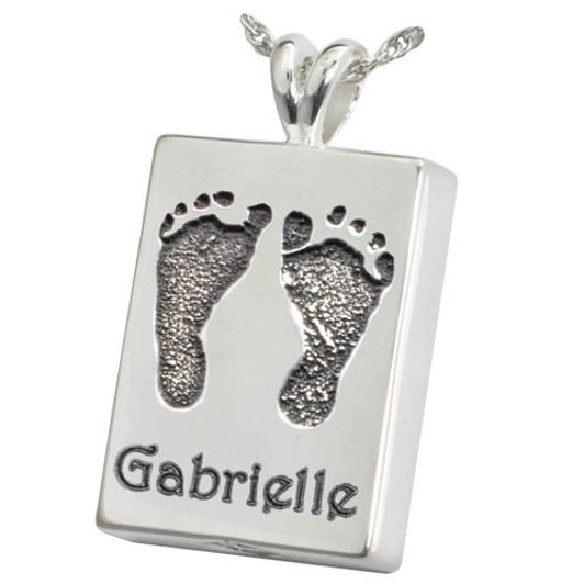 Two Footprints Rectangle Sterling Silver Memorial Cremation Pendant Necklace