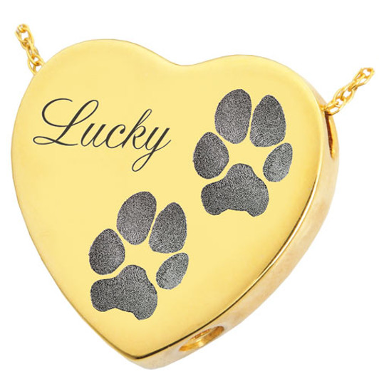 Two Pawprints and Name Heart Slider Solid 14k Gold Memorial Pet Cremation Jewelry Pendant Necklace