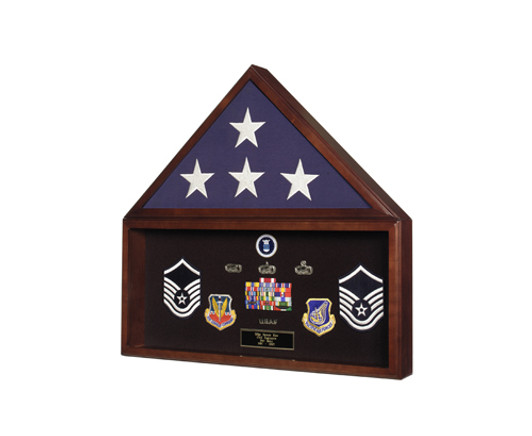 Veteran Flag Display Case with Memorabilia Display Case with Dark Cherry Finish