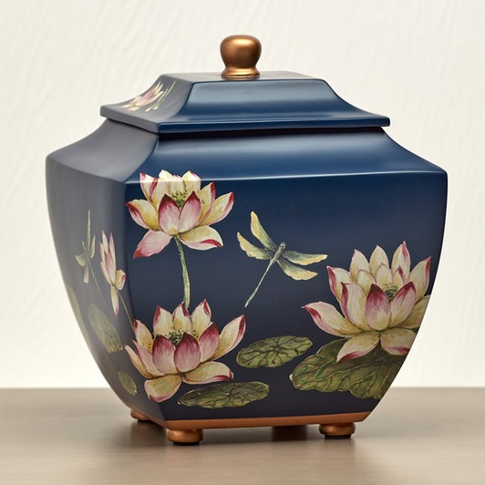 Water Lily Dragonflies Hand Painted Cremation Urn