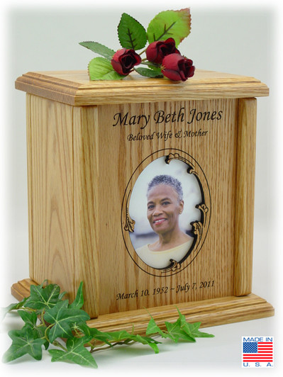 Wavy Oval Photo Insert Engraved Wood Cremation Urn