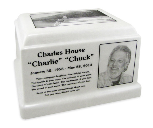 White Marble Olympus Cremation Urn with Engraved Photo