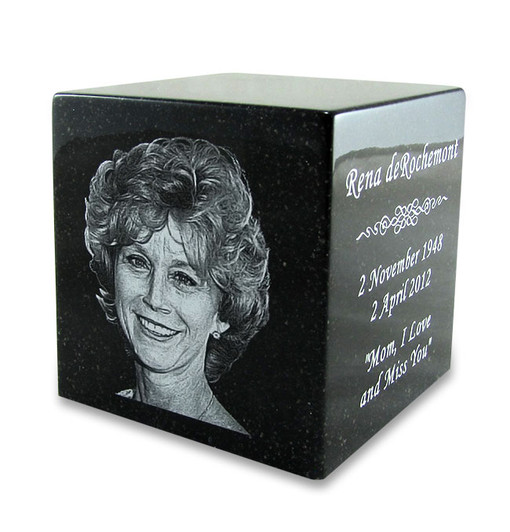 Black Granite Keepsake Cube Cremation Urn with Engraved Photo