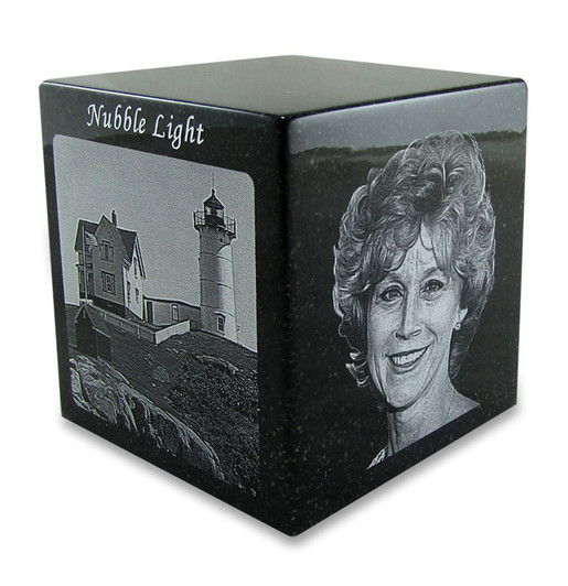 Black Granite Keepsake Cube Cremation Urn with Engraved Photo