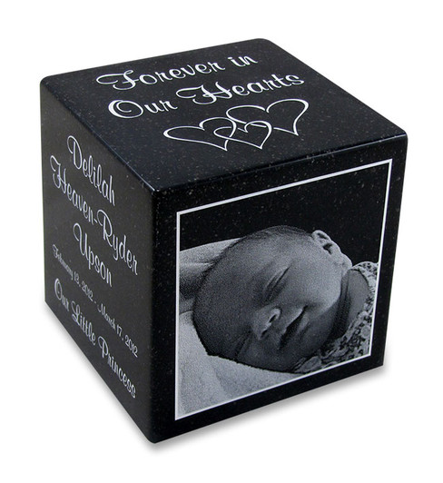 Black Granite Infant Child Cube Cremation Urn with Engraved Photo