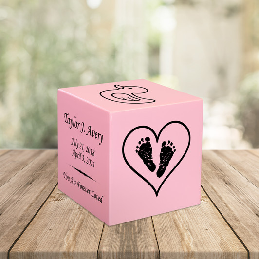 Footprints in Heart Baby Infant Child Stonewood Cube Cremation Urn