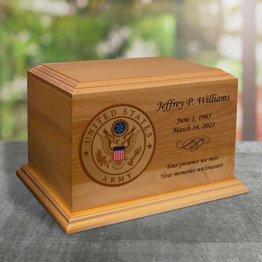 Army Color Emblem Diplomat Solid Cherry Wood Cremation Urn