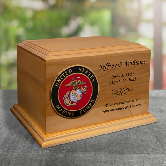Marine Corps Color Emblem Diplomat Solid Cherry Wood Cremation Urn