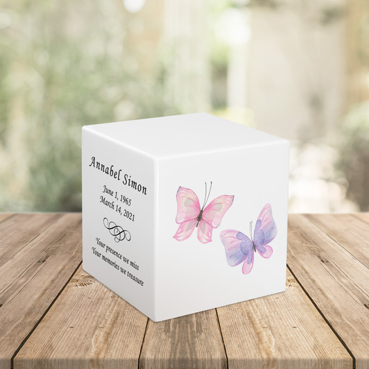 Two Butterflies Watercolor Keepsake Stonewood Cube Cremation Urn