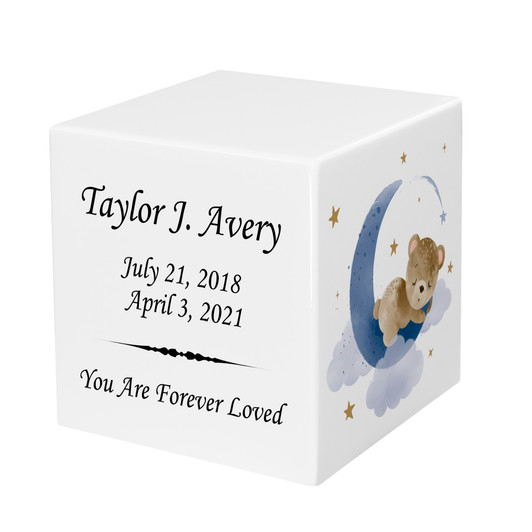 Teddy Bear Moon Baby Infant Child Watercolor Stonewood Cube Cremation Urn