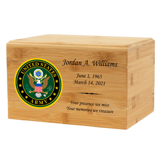 Army Color Emblem Renewable Bamboo Wood Cremation Urn