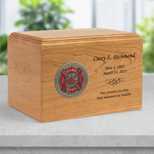 Firefighter Hero Medallion Craftsman Solid Cherry Wood Cremation Urn