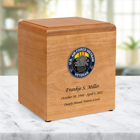 Air Force Vietnam Veteran Hero Medallion Brunswick Solid Cherry Wood Cremation Urn