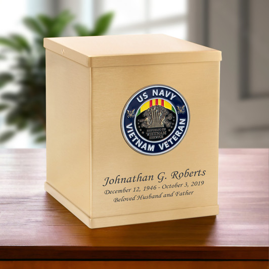 Navy Vietnam Veteran Hero Medallion Bronze Overlap Top Cremation Urn