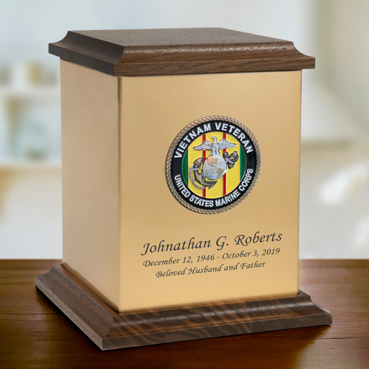 Marine Corps Vietnam Veteran Hero Medallion Sheet Bronze With Walnut Trim Snap-Top Cremation Urn