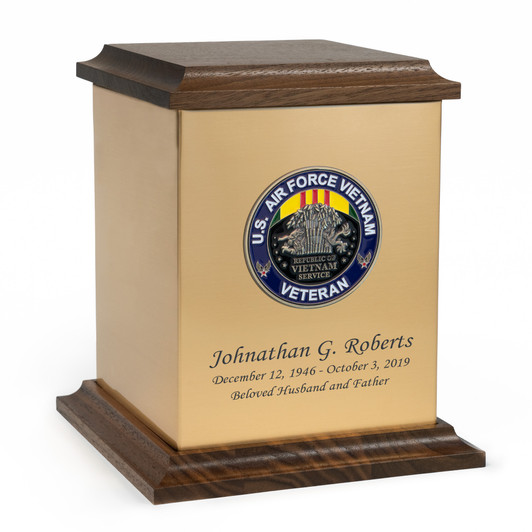 Air Force Vietnam Veteran Hero Medallion Sheet Bronze With Walnut Trim Snap-Top Cremation Urn