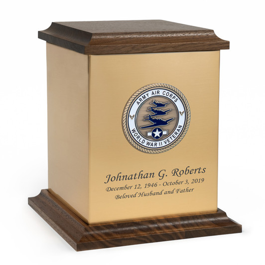 Army Air Corps World War II Veteran Hero Medallion Sheet Bronze With Walnut Trim Snap-Top Cremation Urn