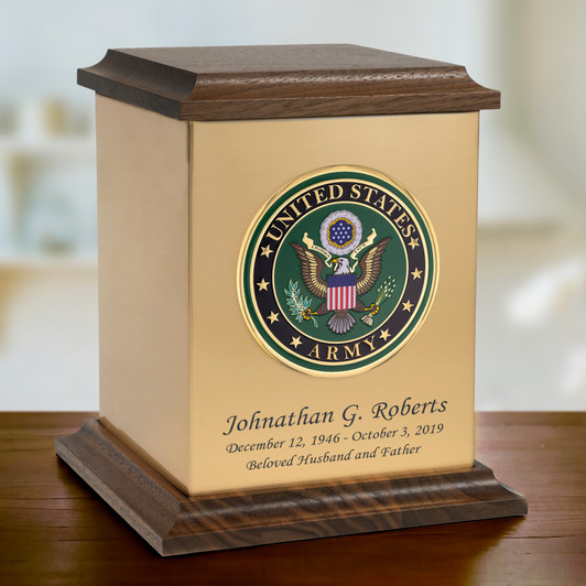 Army Green Emblem Bronze and Walnut Cremation Urn