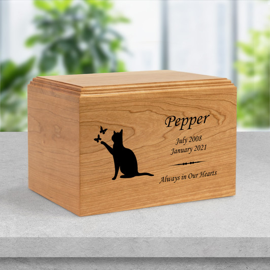 Cat with Butterflies Pet Craftsman Solid Cherry Wood Cremation Urn