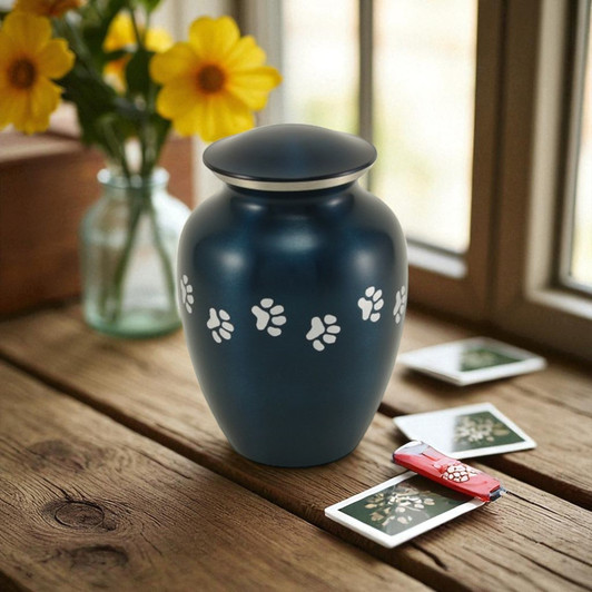 Paw Print Blue Classic Vase Style Pet Cremation Urn