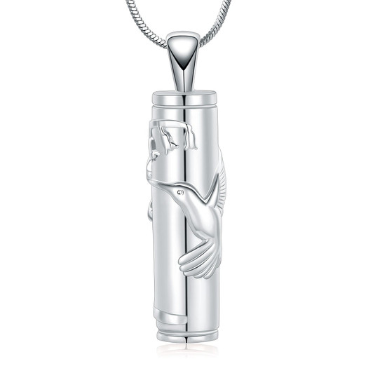 Hummingbird Cylinder Stainless Steel Cremation Jewelry Pendant Necklace