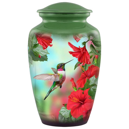 Hummingbird & Red Hibiscus Hand-Painted Cremation Urn