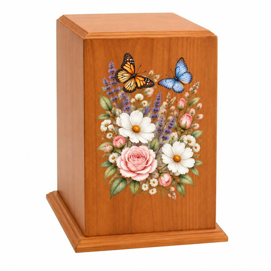 Butterfly Garden Tower Cherry Wood Cremation Urn