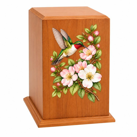 Hummingbird Glory Tower Cherry Wood Cremation Urn