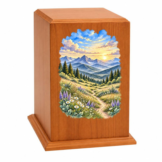 Mountain Meadow Tower Cherry Wood Cremation Urn