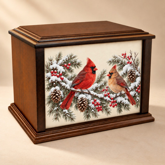 Two Cardinals Winter Eternal Reflections Wood Cremation Urn