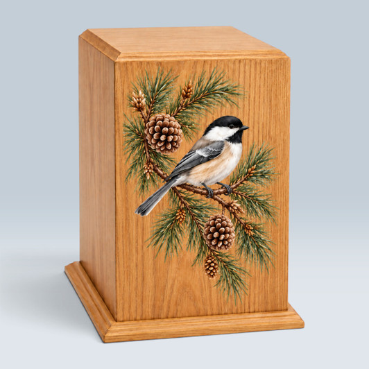 Chickadee Pine Tower Wood Cremation Urn