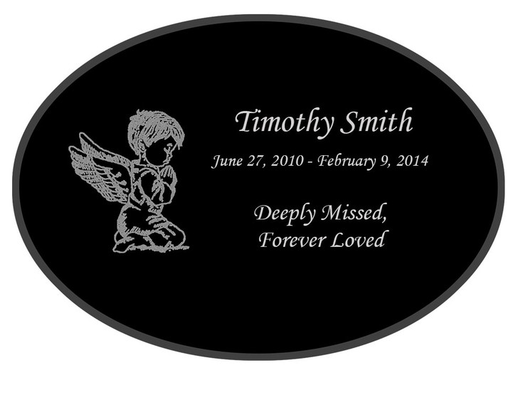 Angel Boy Laser-Engraved Infant-Child Oval Plaque Black Granite Memorial