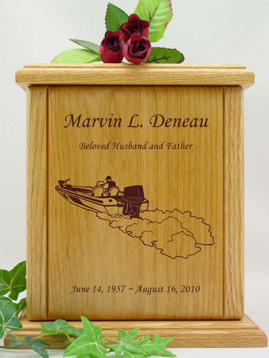 Bass Fishing Boat Engraved Wood Cremation Urn
