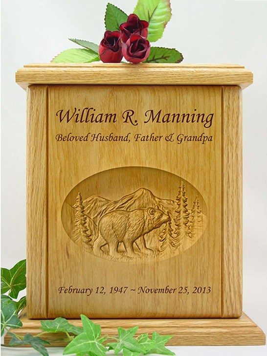 Bear Relief Carved Engraved Wood Cremation Urn