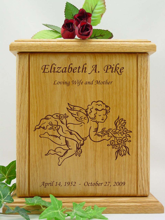 Cherubs With Flowers Engraved Wood Cremation Urn