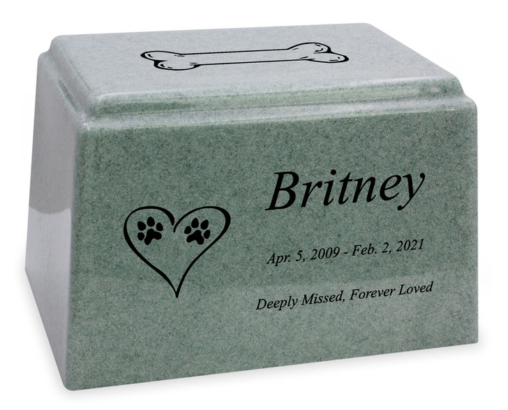 Dog Paw Prints in Heart Granite Promise Pet Cremation Urn - 14 Colors - 3 Sizes