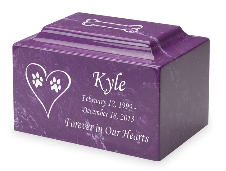 Dog Paw Prints in Heart Pet Classic Cultured Marble Cremation Urn Vault - Engravable - 34 Color Choices