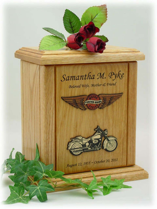 Embossed Forever Riding Motorcycle Circle and Wings Engraved Wood Urn