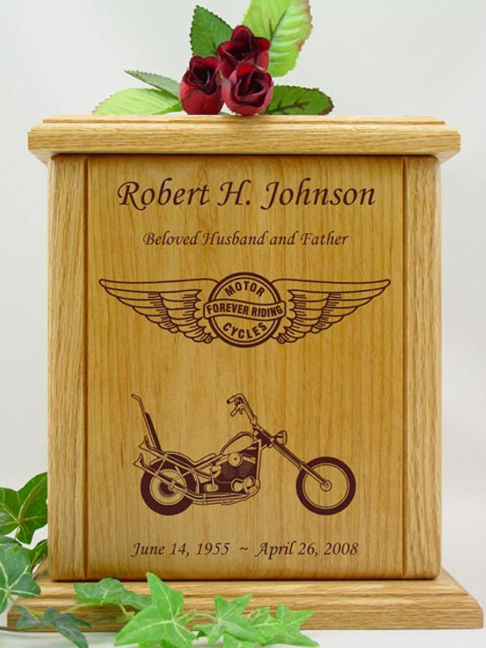 Forever Riding Chopper Motorcycle Circle And Wings Engraved Wood Cremation Urn